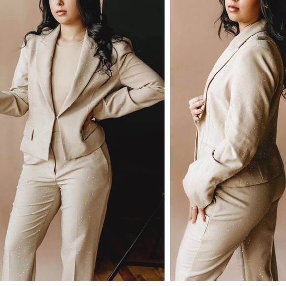 New Zara embellished rhinestone semi dropped blazer beige tan neutral sparkle - Picture 13 of 15